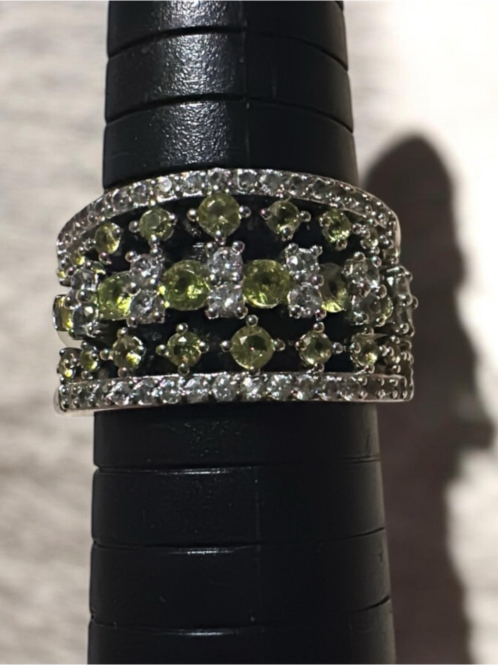 Bomb Party Silver Peridot & White Topaz Wide Band Rings (3)